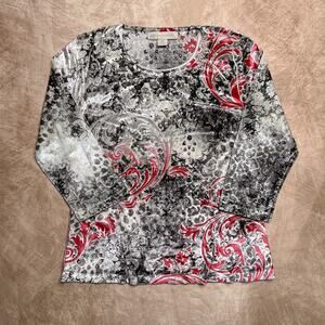 Vintage 90s Laura Ashley Rocaille Rhinestone Velour Top Half Sleeve Gray Red